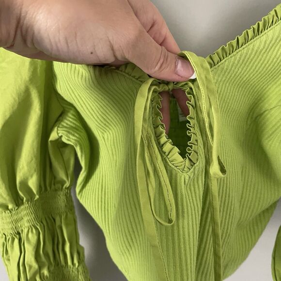 Urban Outfitters Size M Green Big Peasant Puff Sleeve Ribbed Cropped Top - Picture 3 of 8